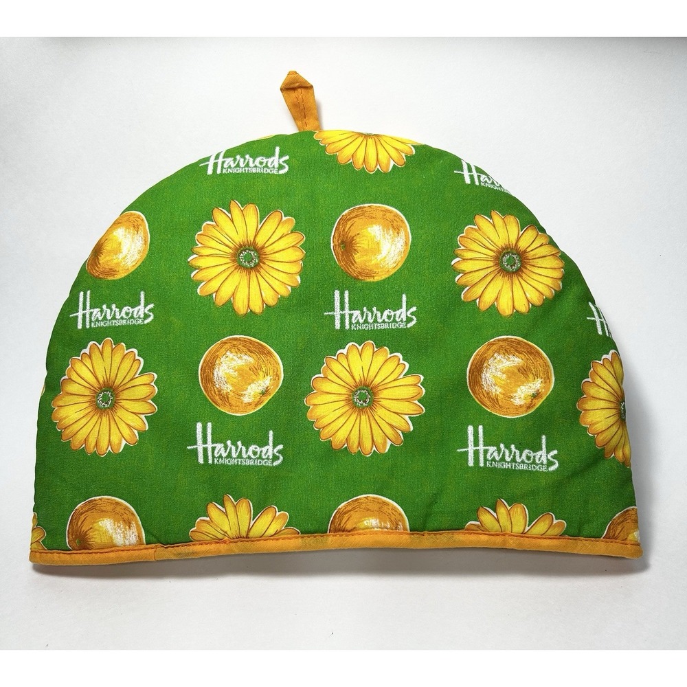 Tea Cozy/HARRODS Knightsbridge/Bright Green w/Yellow daisies & oranges/Cotton